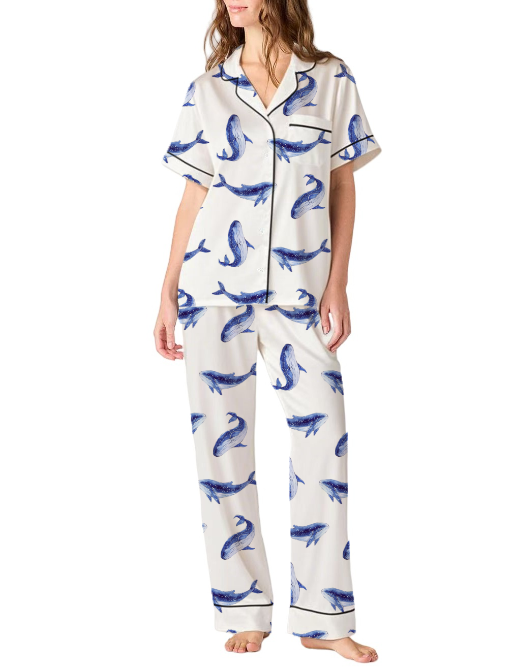 Blue Dreamy Whales Silky Satin Pajama Short Set For Women