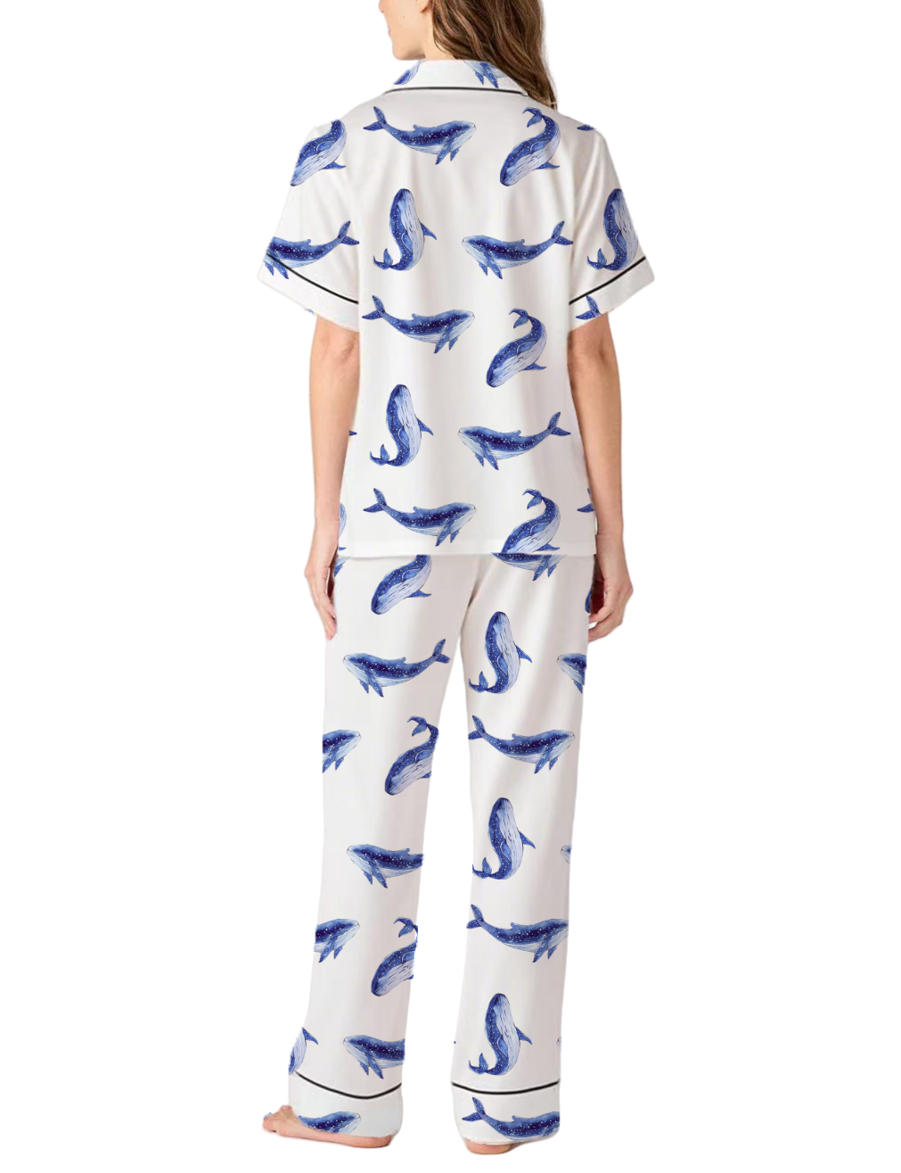 Blue Dreamy Whales Silky Satin Pajama Short Set For Women