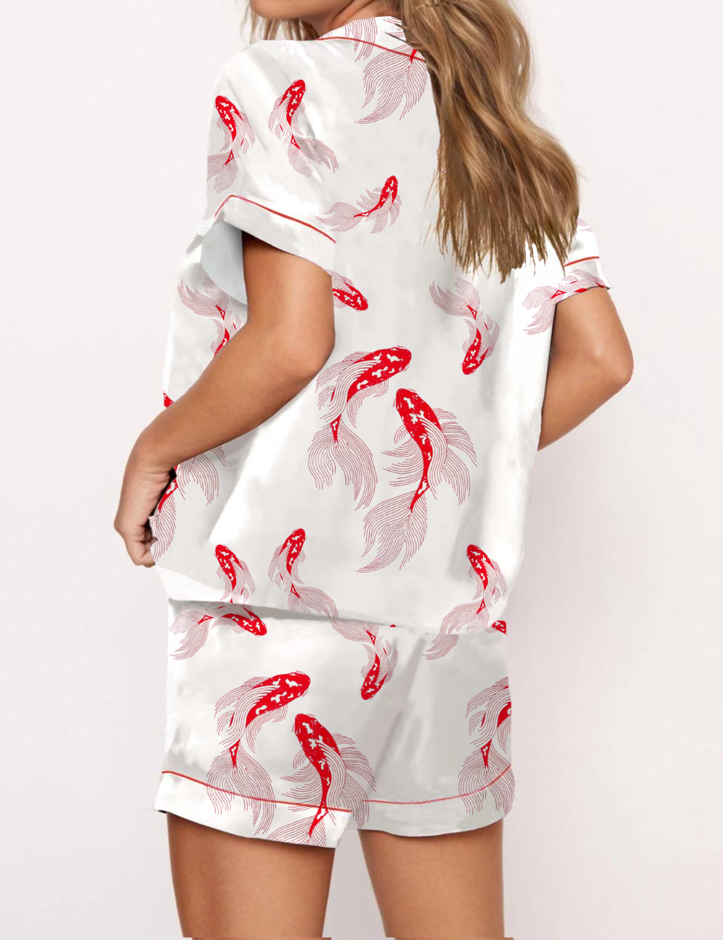 Red Koi Silky Satin Pajama Short Set For Women
