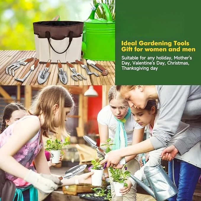 Gartenwerkzeug-Set, 10-teilig, robustes Gartenhandwerkzeug-Set für Frauen aus Aluminium mit rutschfestem, ergonomischem Griff, Aufbewahrungstasche und Gartenhandschuhen, ideale Geschenke für Frauen und Männer