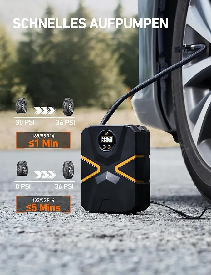 Kompressor Auto Reifenpumpe Luftpumpe 10,3 bar 12V DC mit Echtzeit-LCD-Anzeige, voreingestelltem Reifendruck und automatischer Abschaltung, Luftkompressor geeignet für Auto, Fahrrad, Motorrad, Ball