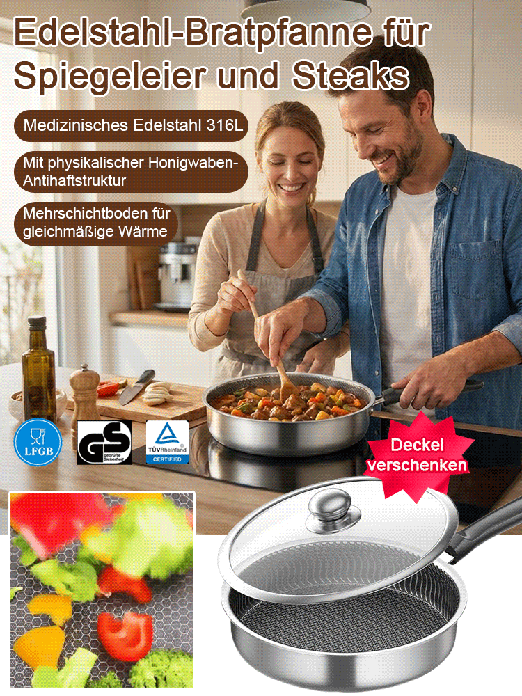 Edelstahlpfanne zum Braten von Eiern und Steaks.