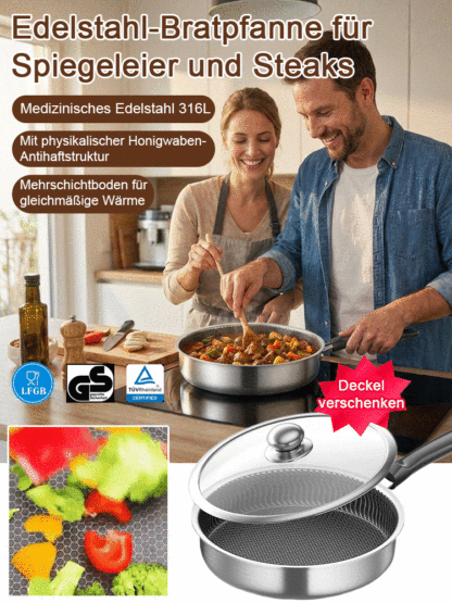 Edelstahlpfanne zum Braten von Eiern und Steaks.