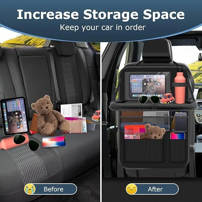 Auto Organizer, Autositz Organizer Groe Rückenlehnenschutz Auto Kinder Multifunktional Wasserdicht Rücksitz Organizer mit Klapptisch, Tablet Tasche und Viele Taschen-Schwarz