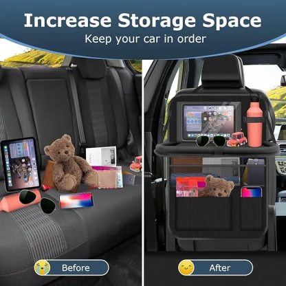 Auto Organizer, Autositz Organizer Groe Rückenlehnenschutz Auto Kinder Multifunktional Wasserdicht Rücksitz Organizer mit Klapptisch, Tablet Tasche und Viele Taschen-Schwarz