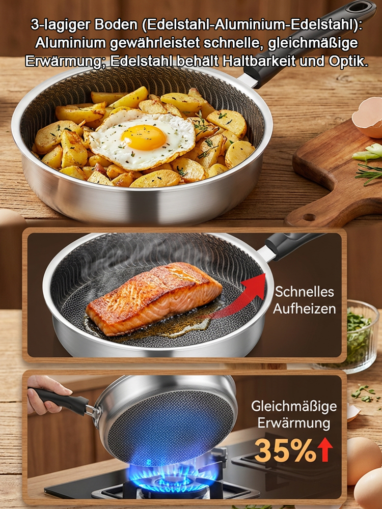 Edelstahlpfanne zum Braten von Eiern und Steaks.