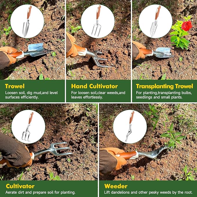 Gartenwerkzeug-Set, 10-teilig, robustes Gartenhandwerkzeug-Set für Frauen aus Aluminium mit rutschfestem, ergonomischem Griff, Aufbewahrungstasche und Gartenhandschuhen, ideale Geschenke für Frauen und Männer