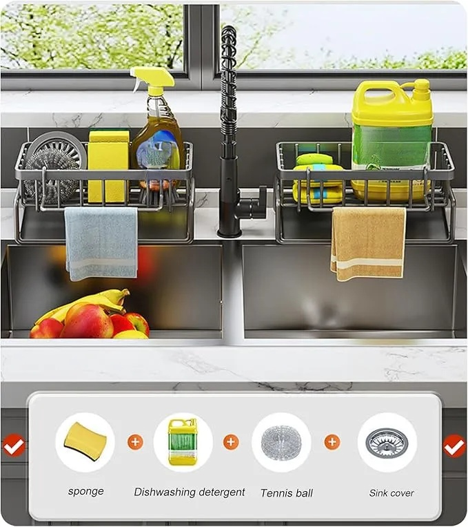 Spüle Küchen Organizer, Spülbecken Organizer Mit Selbstentleerender Ablaufwanne for Schwammhalter, Handtuchhalter, Spültuchhalter, Super Organizer für Küche und Badezimmer. 