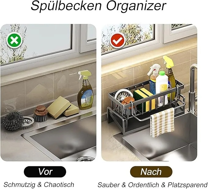 Spüle Küchen Organizer, Spülbecken Organizer Mit Selbstentleerender Ablaufwanne for Schwammhalter, Handtuchhalter, Spültuchhalter, Super Organizer für Küche und Badezimmer. 