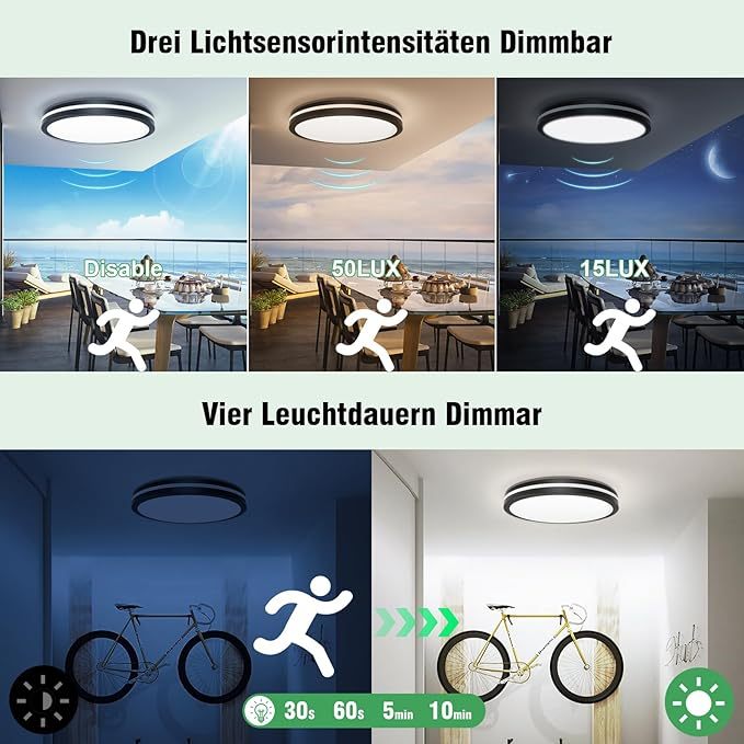 24W LED Deckenlampe mit Bewegungsmelder, 2400LM Dimmbar Deckenleuchte mit D?mmerungssensor