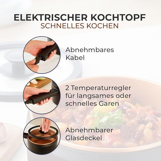 Elektrischer Kochtopf mit Deckel 2 Liter, Antihaft Hot Pot Multikocher, Kochen ohne Herd