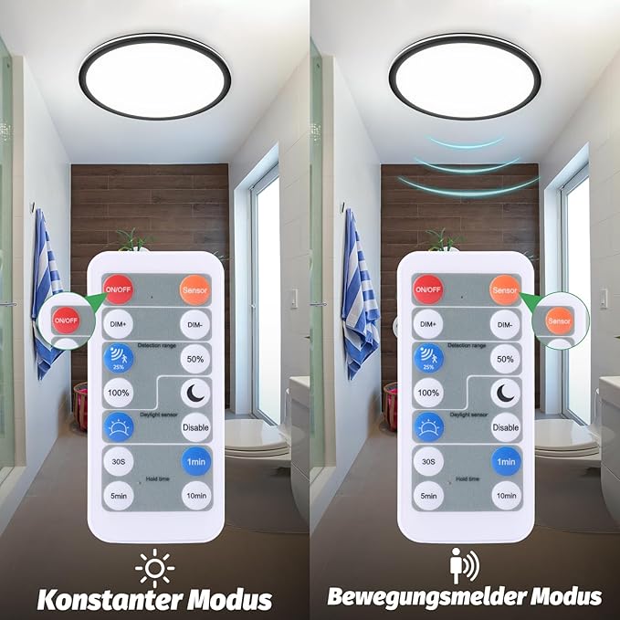 24W LED Deckenlampe mit Bewegungsmelder, 2400LM Dimmbar Deckenleuchte mit D?mmerungssensor