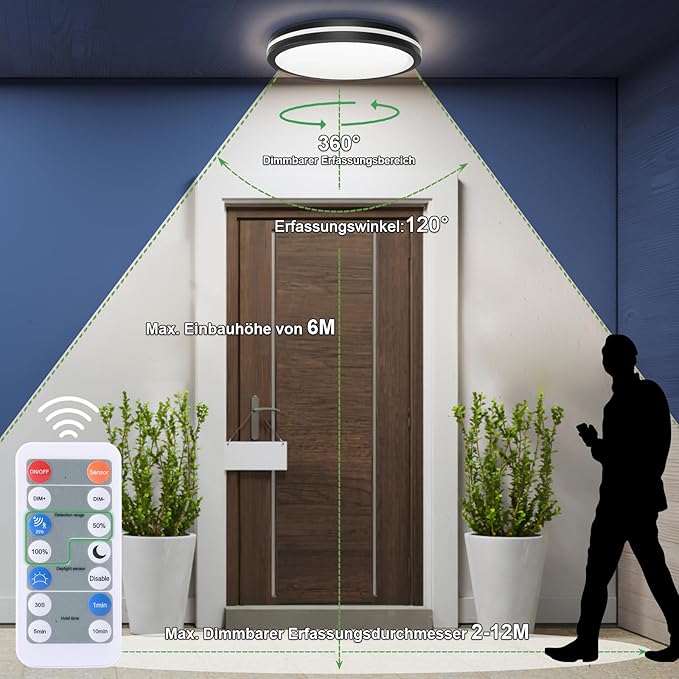 24W LED Deckenlampe mit Bewegungsmelder, 2400LM Dimmbar Deckenleuchte mit D?mmerungssensor