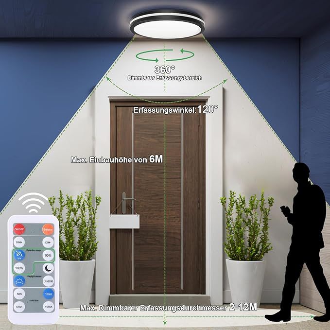 24W LED Deckenlampe mit Bewegungsmelder, 2400LM Dimmbar Deckenleuchte mit D?mmerungssensor
