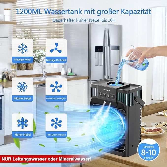 Mobile Klimaanlage mit Fernbedienung,1200 ML Mini Luftkühler 