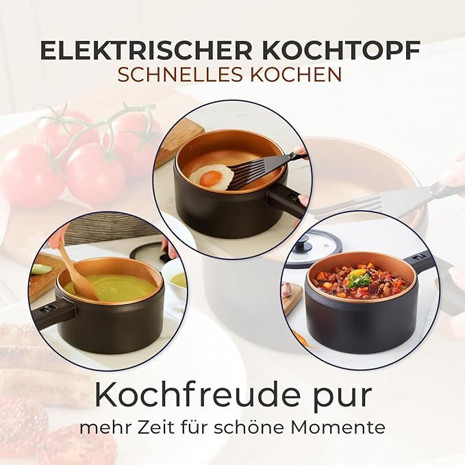 Elektrischer Kochtopf mit Deckel 2 Liter, Antihaft Hot Pot Multikocher, Kochen ohne Herd