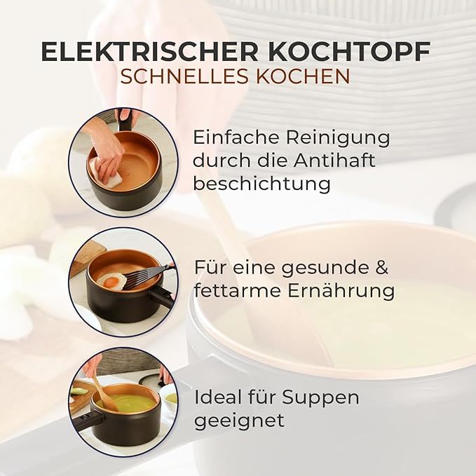 Elektrischer Kochtopf mit Deckel 2 Liter, Antihaft Hot Pot Multikocher, Kochen ohne Herd