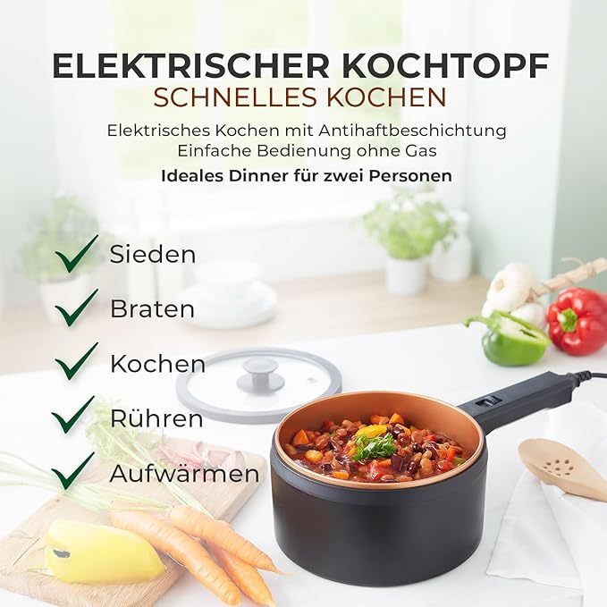 Elektrischer Kochtopf mit Deckel 2 Liter, Antihaft Hot Pot Multikocher, Kochen ohne Herd