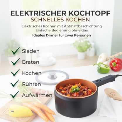 Elektrischer Kochtopf mit Deckel 2 Liter, Antihaft Hot Pot Multikocher, Kochen ohne Herd