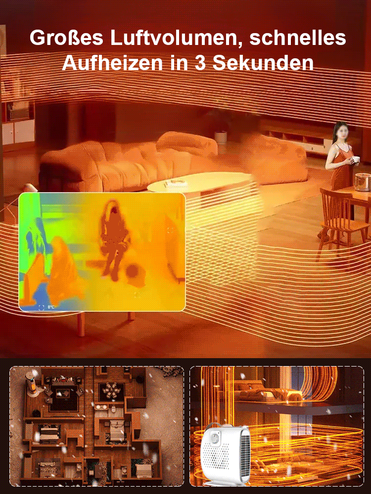 Nur 1 kWh in 3 Tage! Wärmeflüsterlüfter, 250 m² in 3 Sek. erwärmt, stehend & liegend nutzbar.