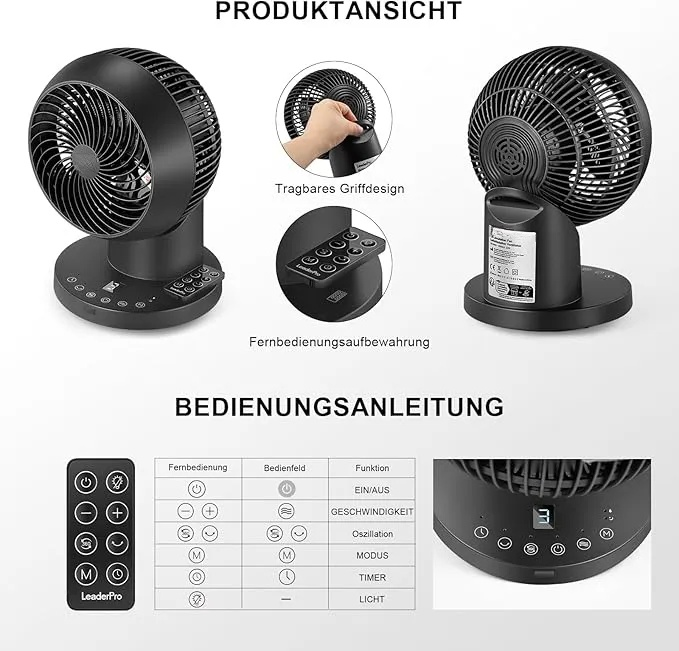 Tischventilator mit Fernbedienung - 32W Leiser Ventilator 