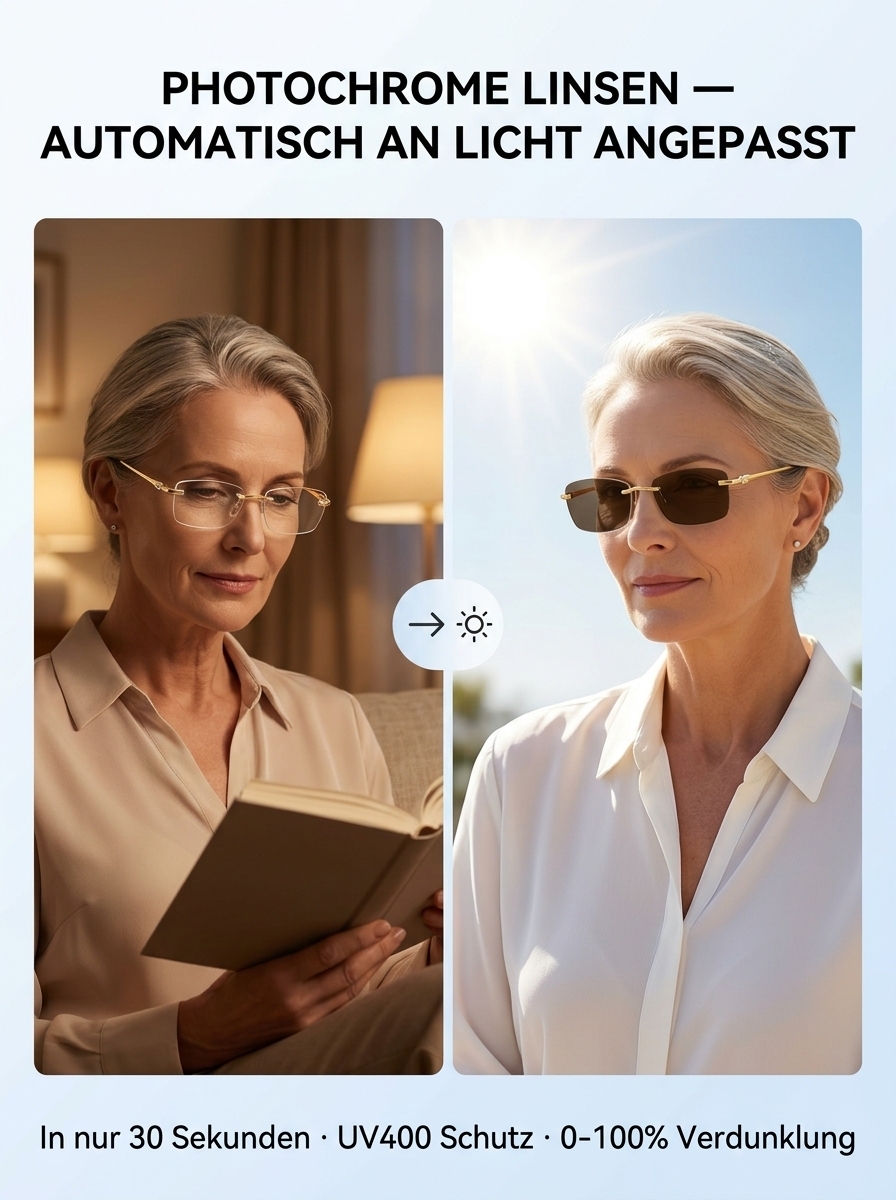 Light-sensitive colour-changing zoom rimless presbyopia glasses 【Men's and women's models】