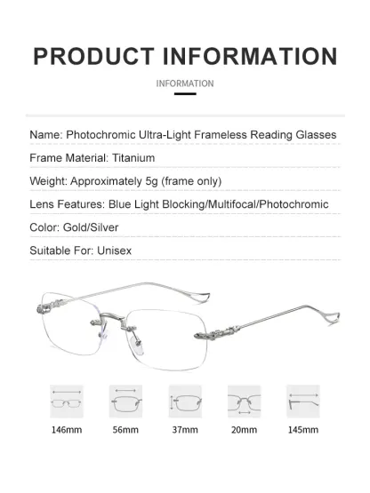 Light-sensitive colour-changing zoom rimless presbyopia glasses 【Men's and women's models】