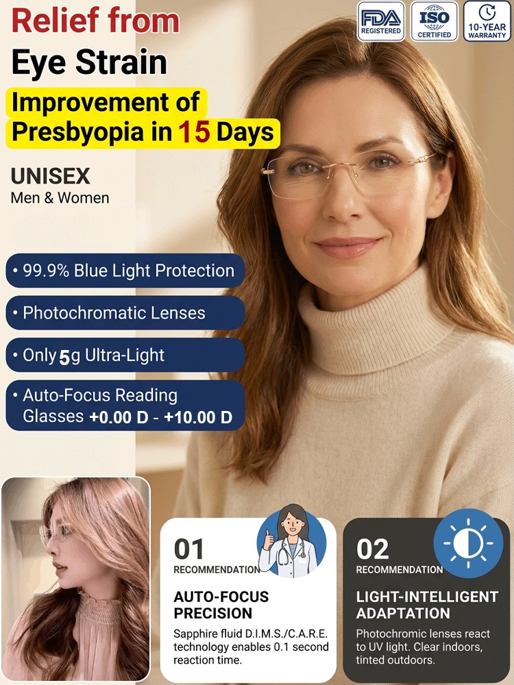 Light-sensitive colour-changing zoom rimless presbyopia glasses 【Men's and women's models】
