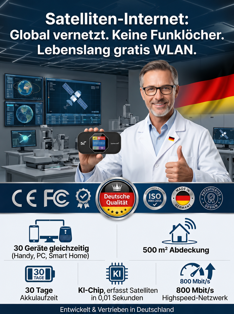 Lebenslang gratis! Weltweiter 800Mbit/s Satelliten-Router. Ohne Kabel, ohne Limit.
