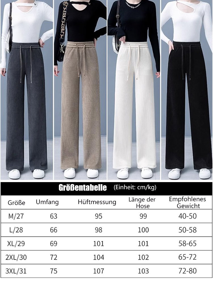 Hose mit weitem Bein und gepolstertem Komfort, um den Bauch zu bedecken und die Länge der Beine zu z