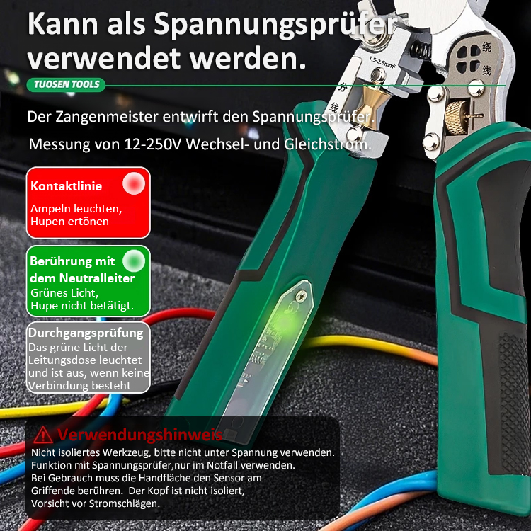 【Zehn in einem】Multifunktionale, scharfzüngige Kraftmess- und Abisolierzange
