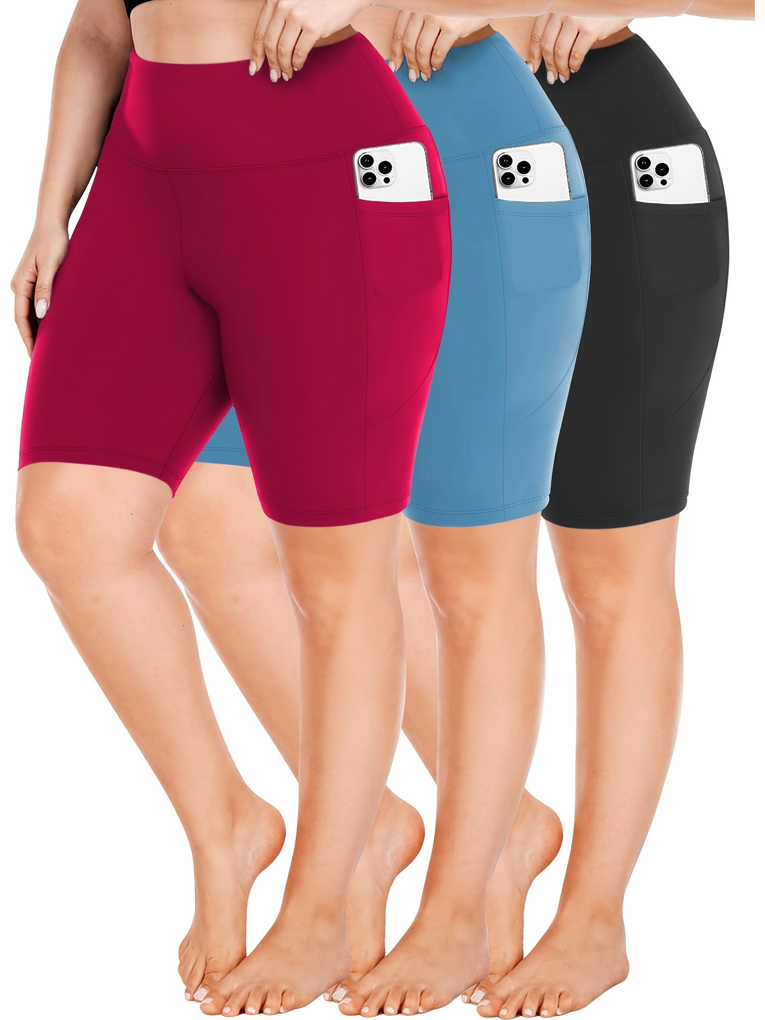 Plus Size High-Waist Stretchy Breathable Knee-Length Shorts with Crescent Side Pockets - Summer Casual Workout Shorts