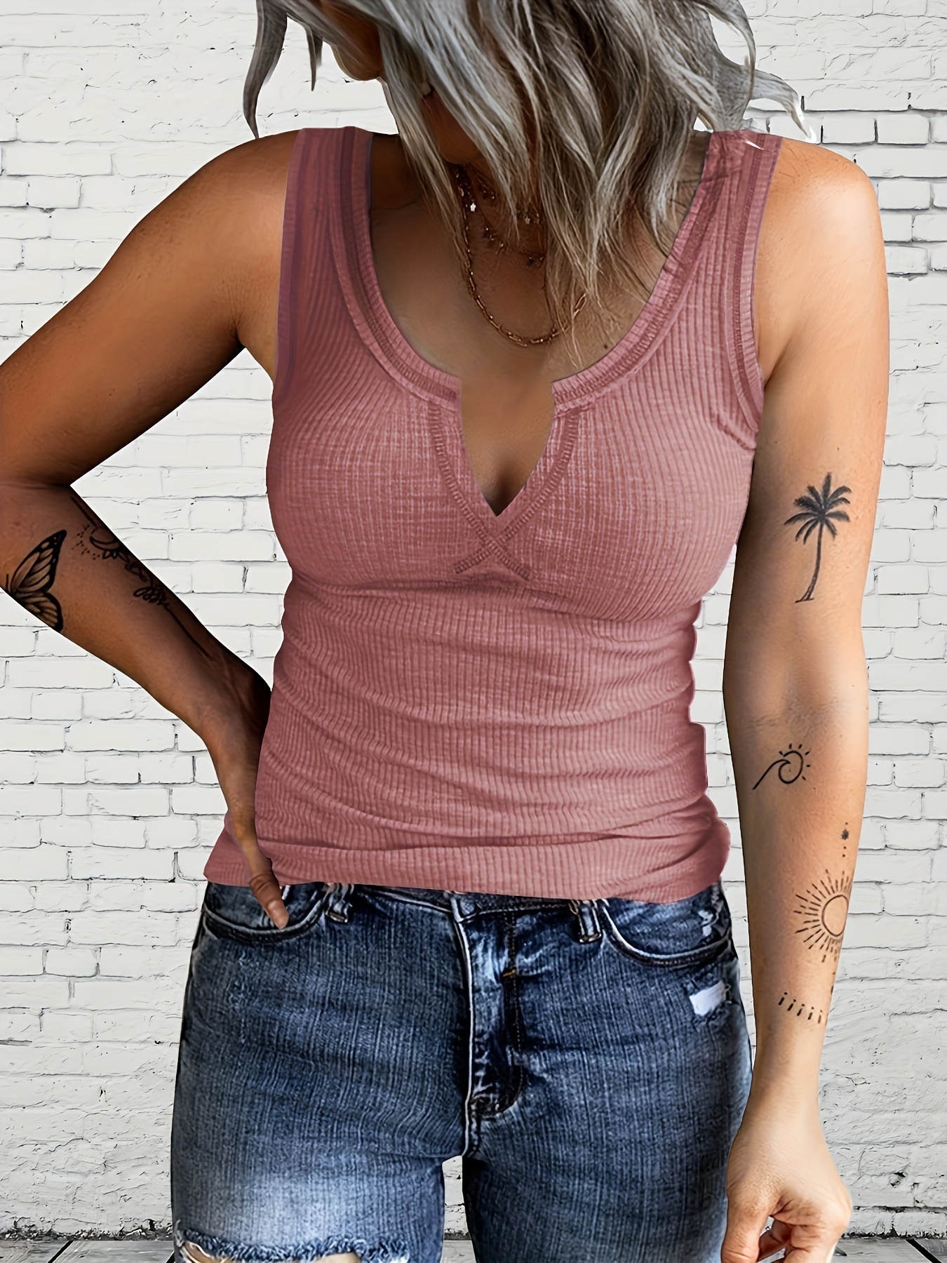 Summer solid color notch neck sleeveless vest for women