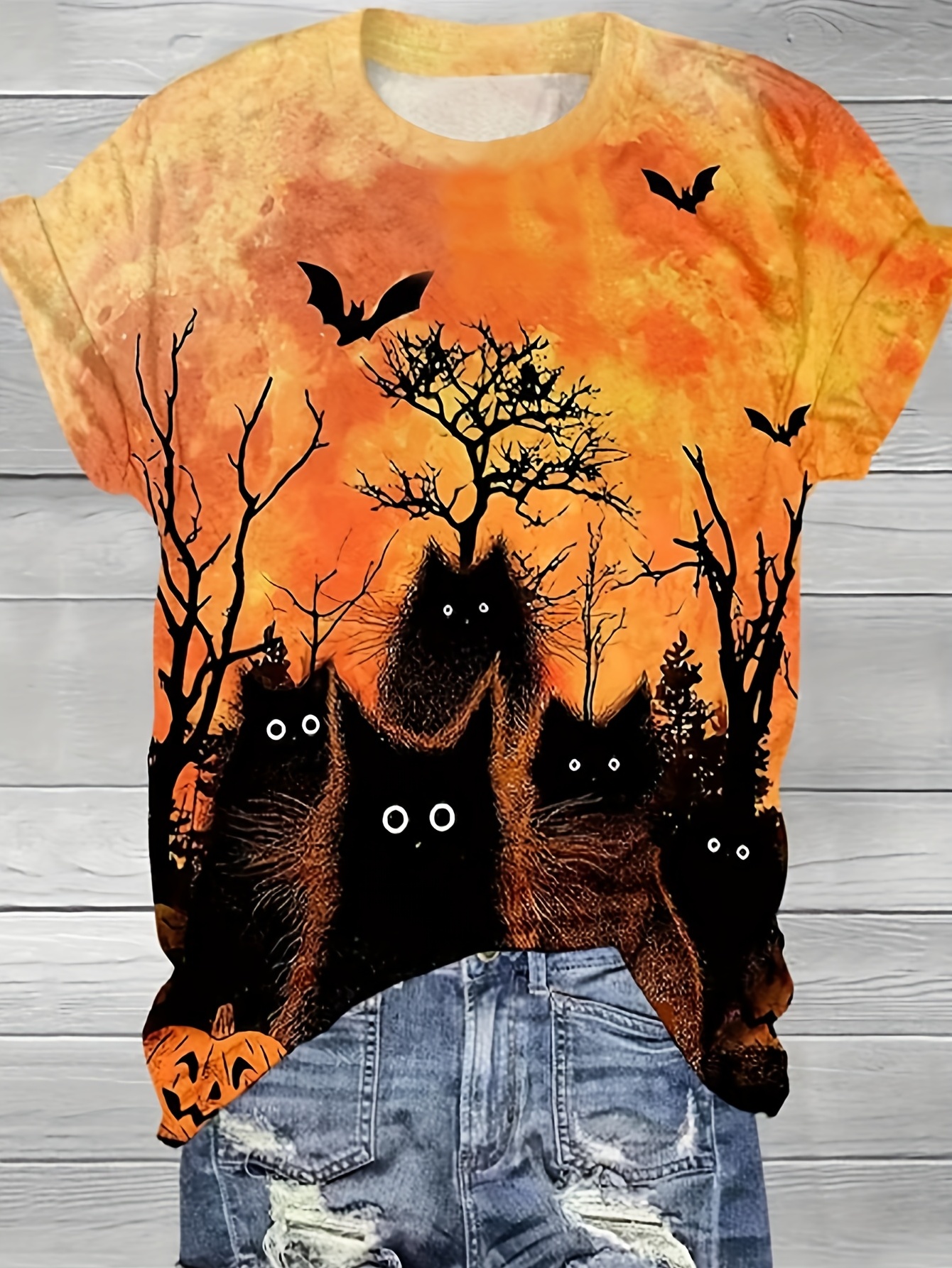Short Sleeve Halloween Cat Print Crew Neck T-Shirt for Women