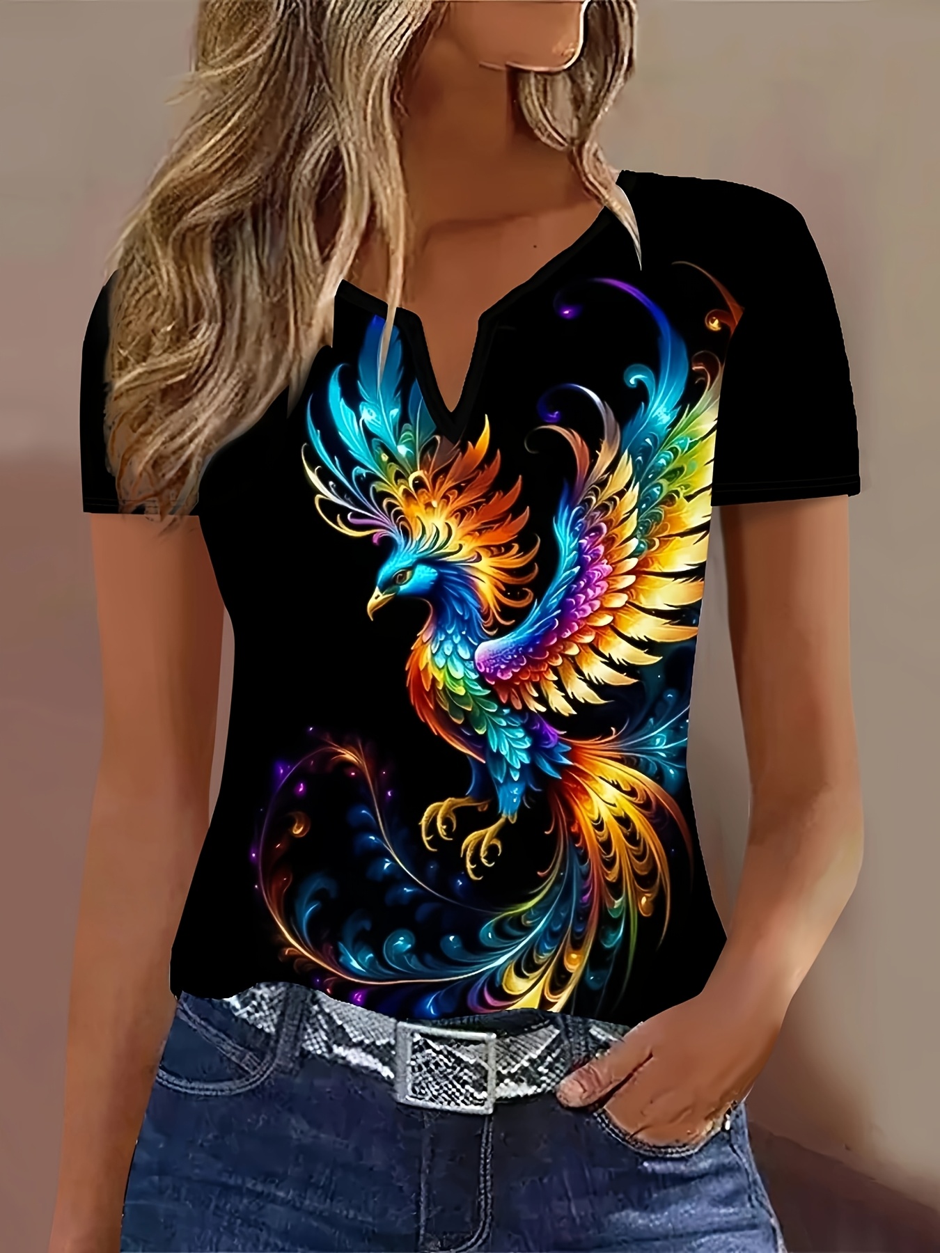 Women's Elegant Printed V Neck Short Sleeve T-Shirt