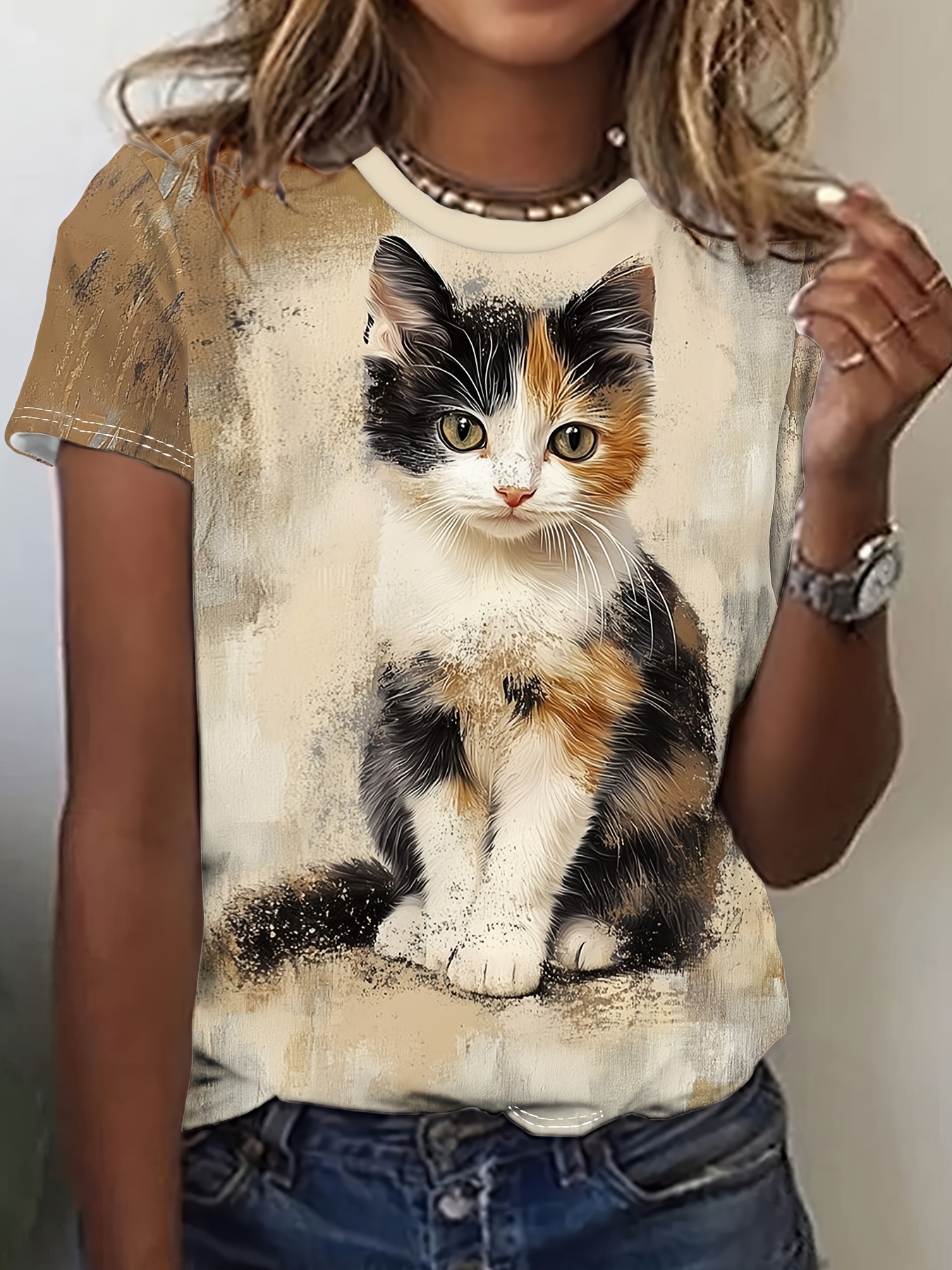 Women's Casual Cat Print Short Sleeve T-Shirt