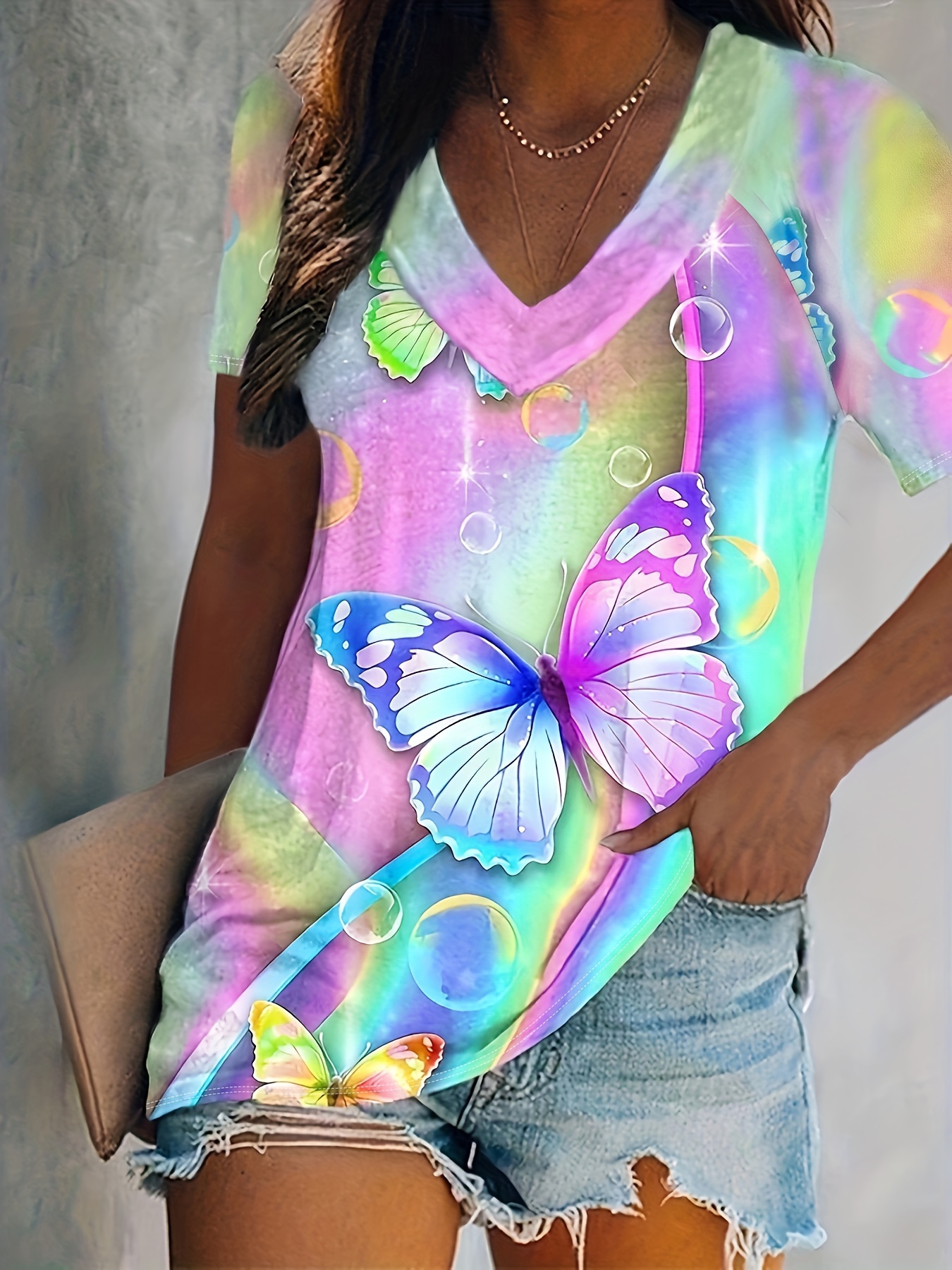 Colorful Butterfly Print Short Sleeve V Neck 