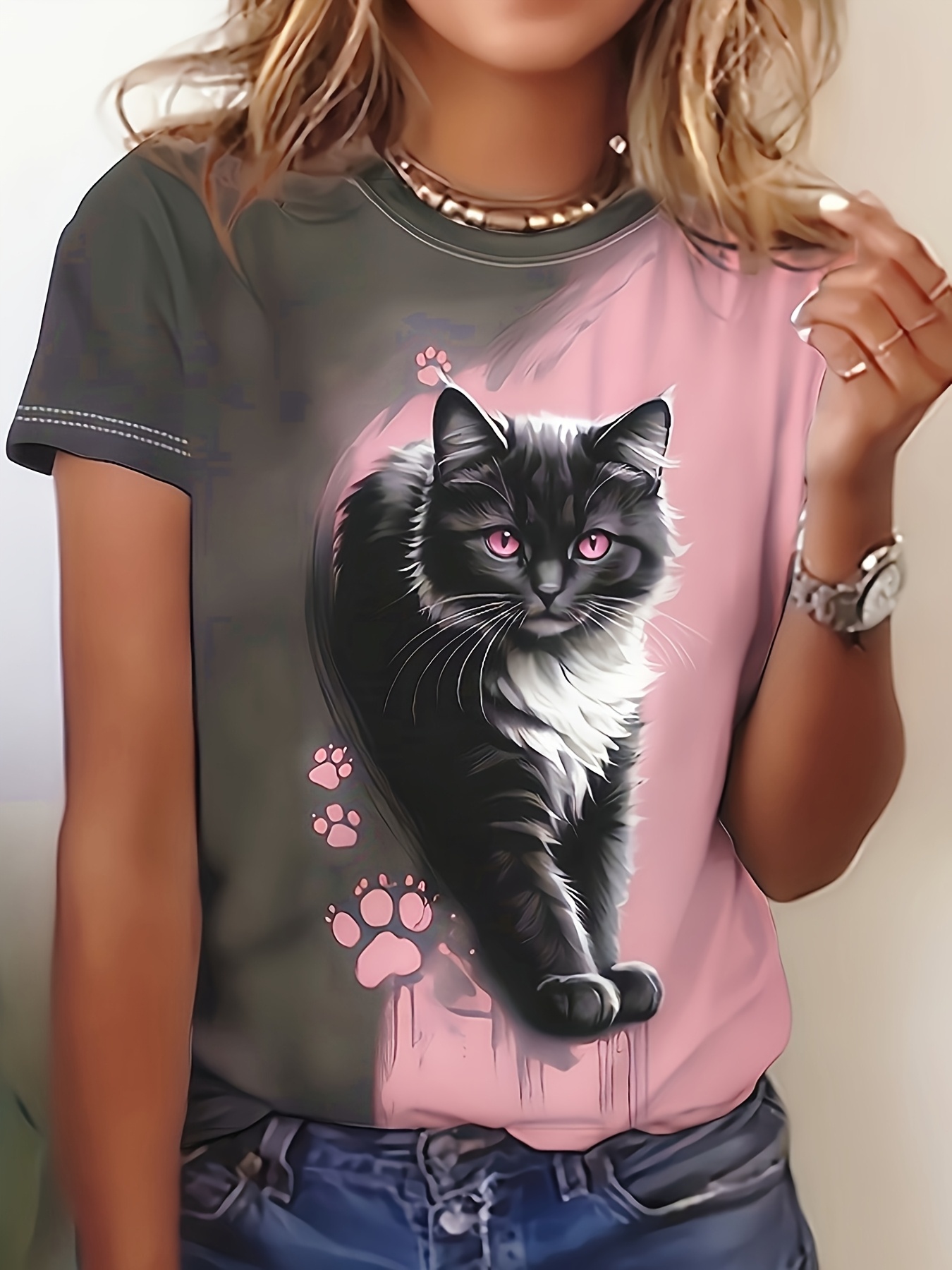 Cute Cat Print Short Sleeve T-Shirt