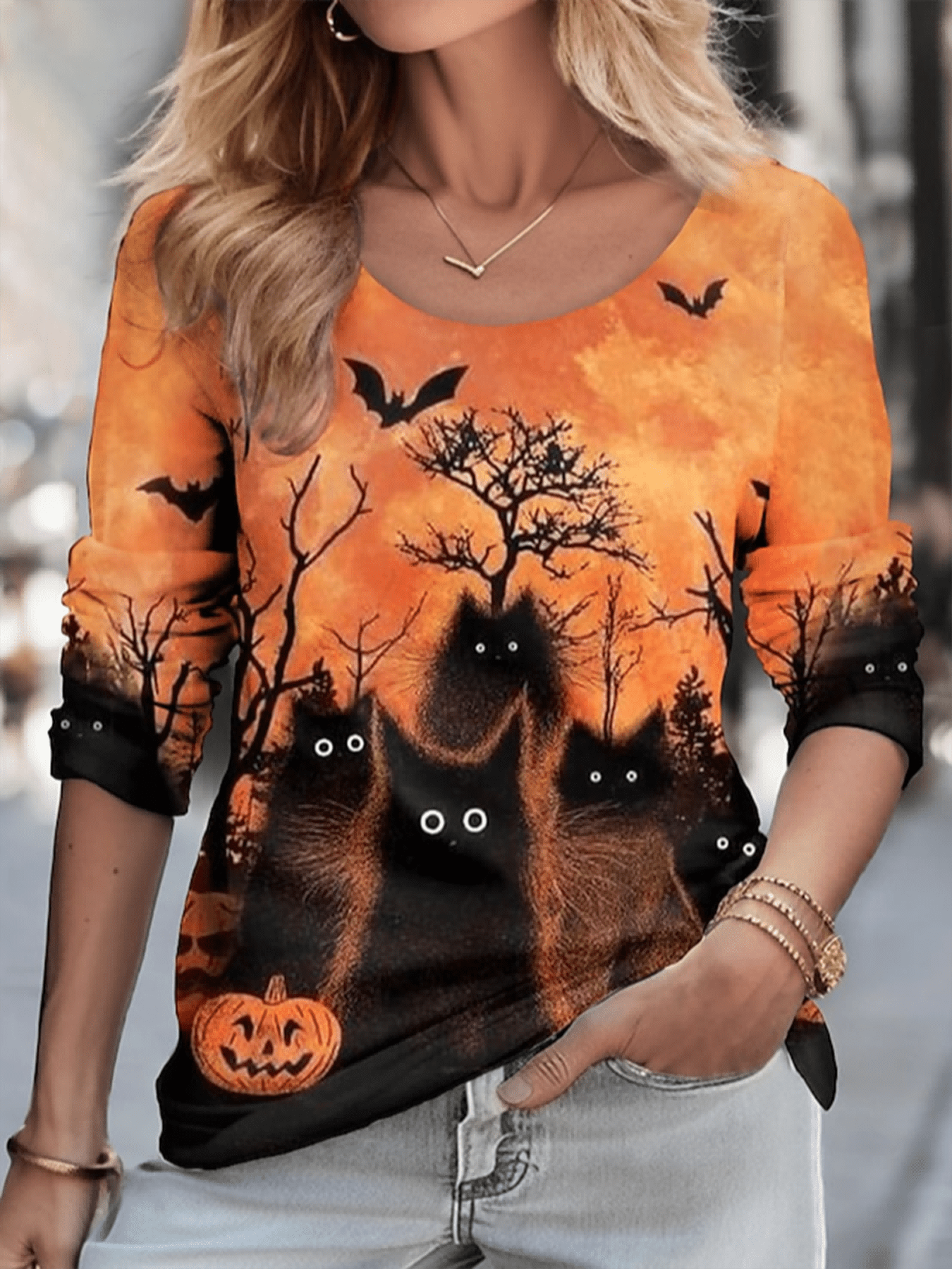 Casual Crew Neck Long Sleeve Pullover with Pumpkin Bats Print