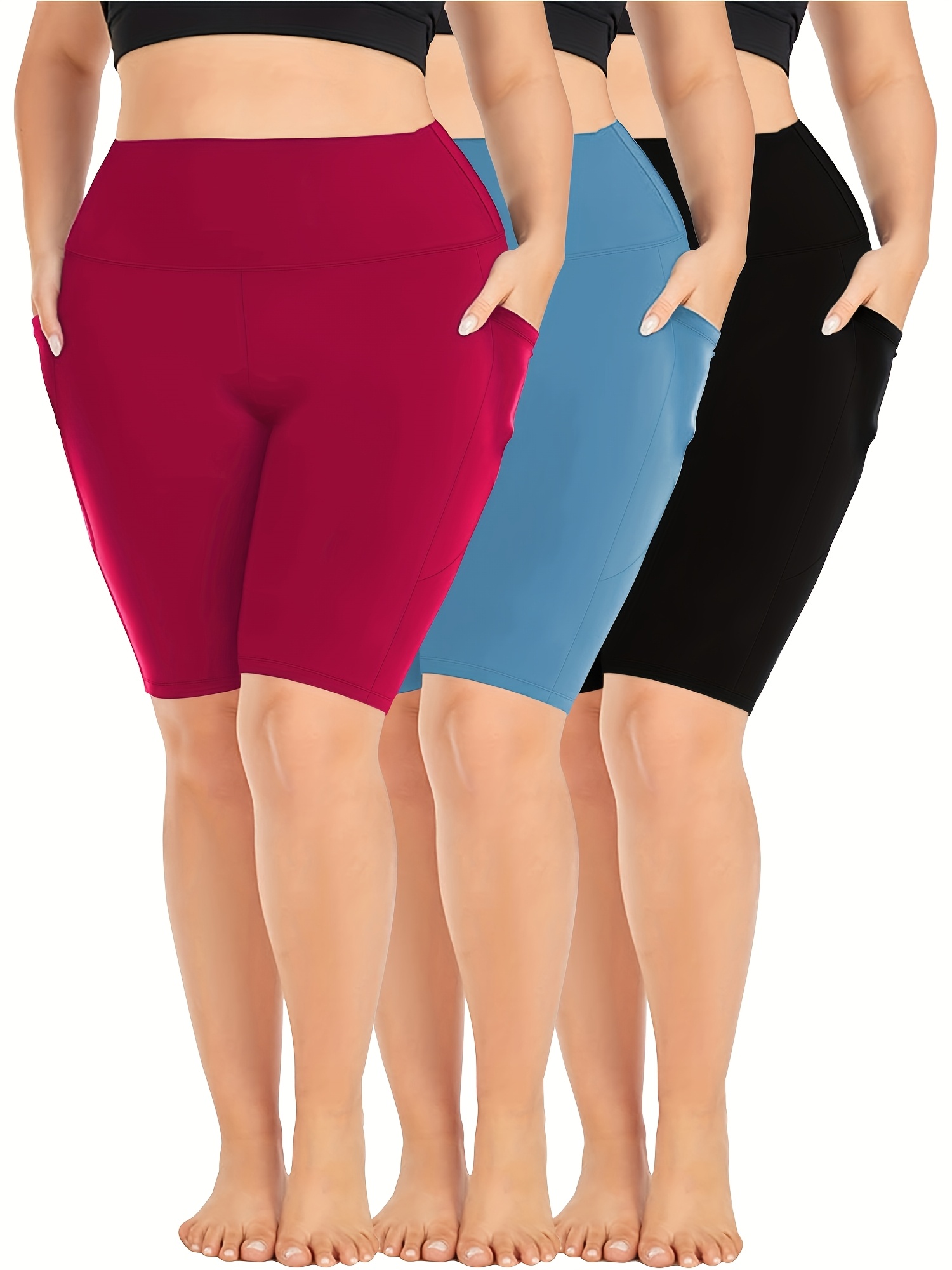 Plus Size High-Waist Stretchy Breathable Knee-Length Shorts with Crescent Side Pockets - Summer Casual Workout Shorts