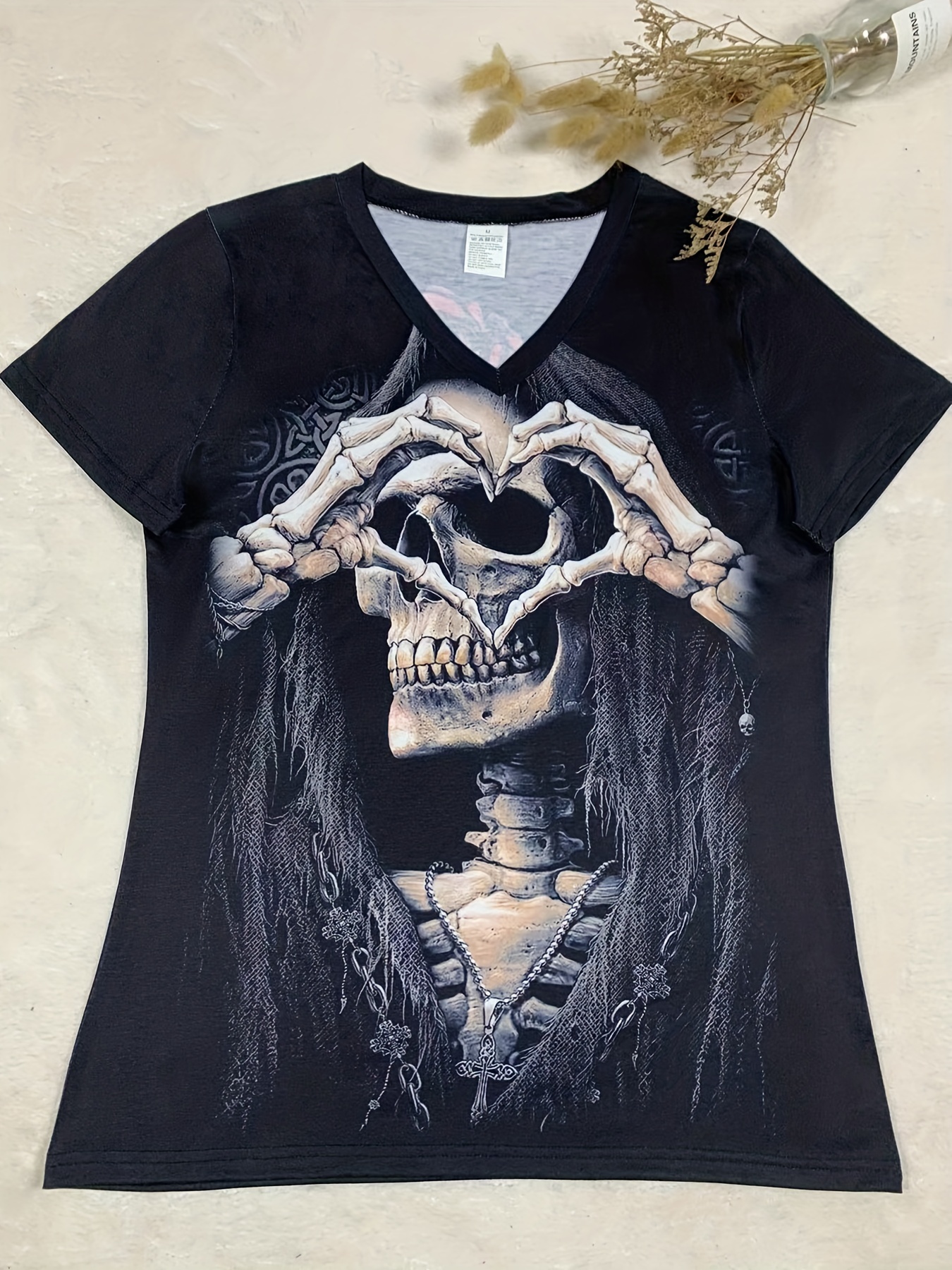 Women's Halloween Punk Gothic Skull & Heart Bones Print V-Neck T-Shirt