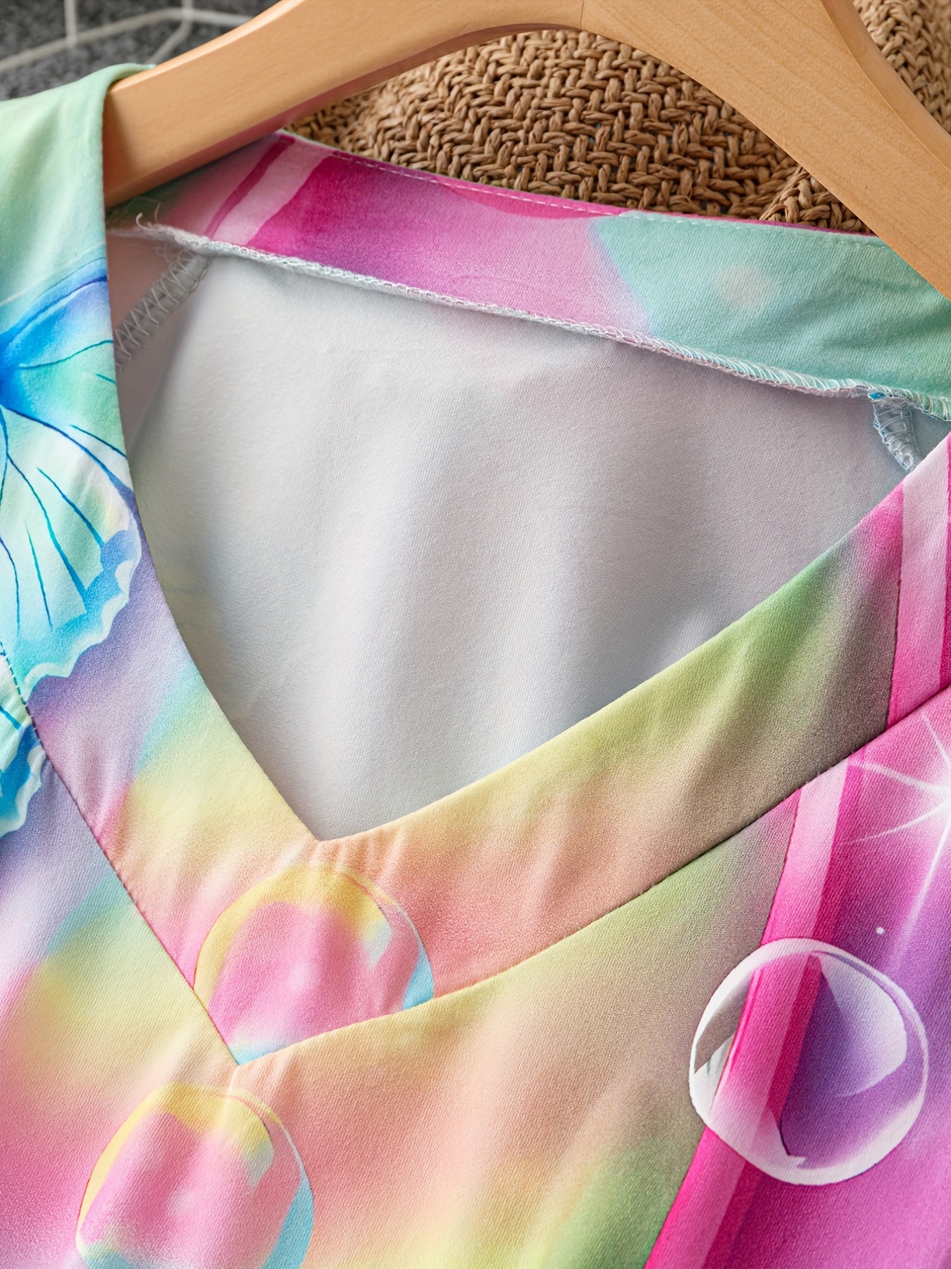 Colorful Butterfly Print Short Sleeve V Neck 