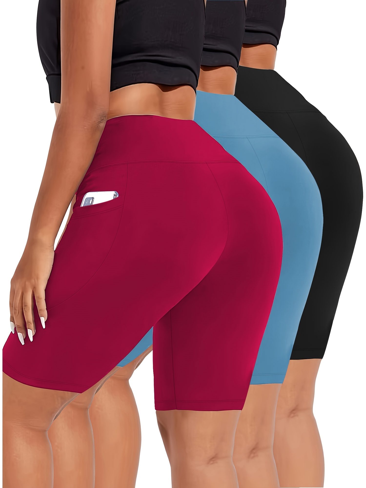 Plus Size High-Waist Stretchy Breathable Knee-Length Shorts with Crescent Side Pockets - Summer Casual Workout Shorts