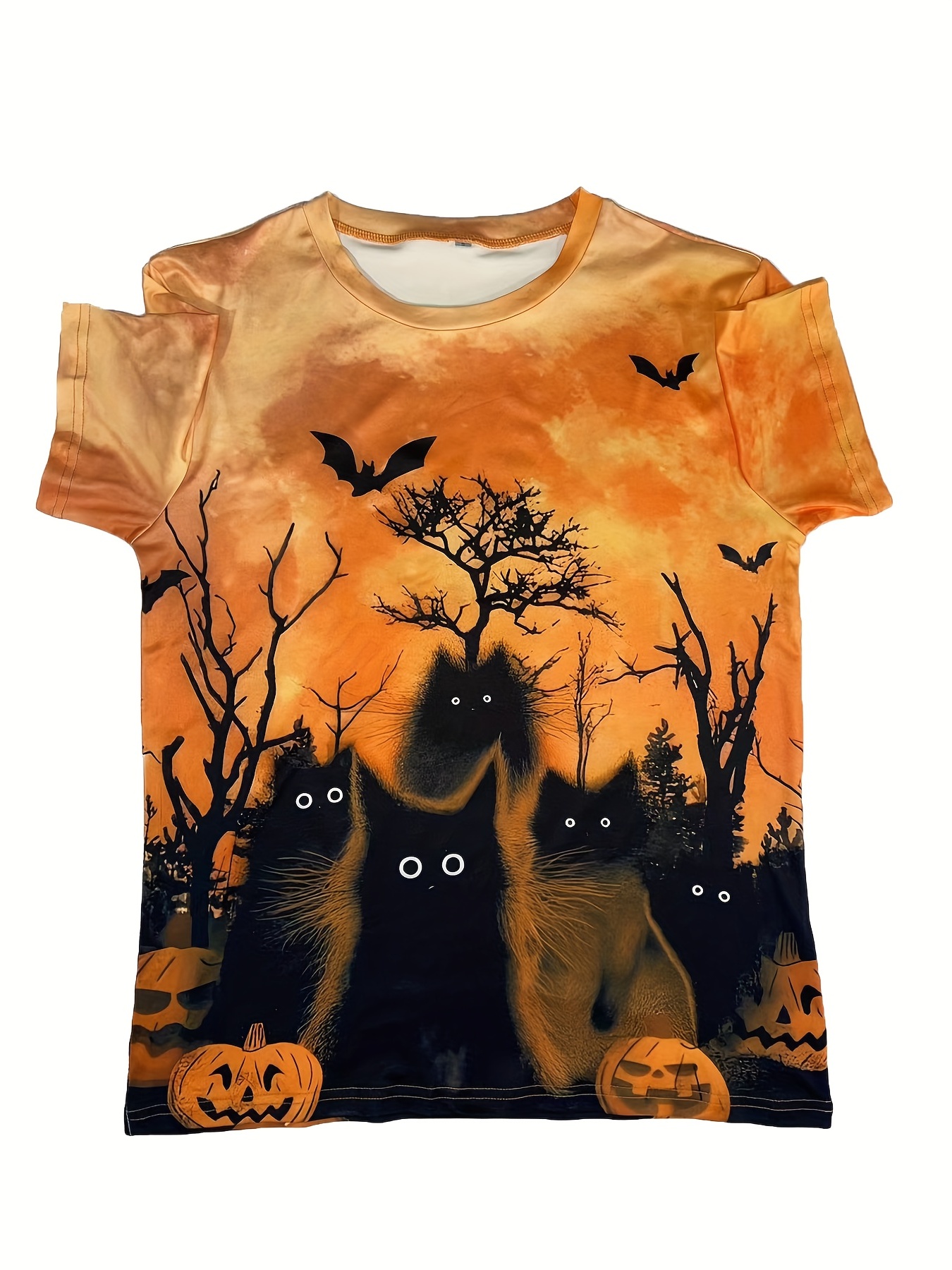 Short Sleeve Halloween Cat Print Crew Neck T-Shirt for Women