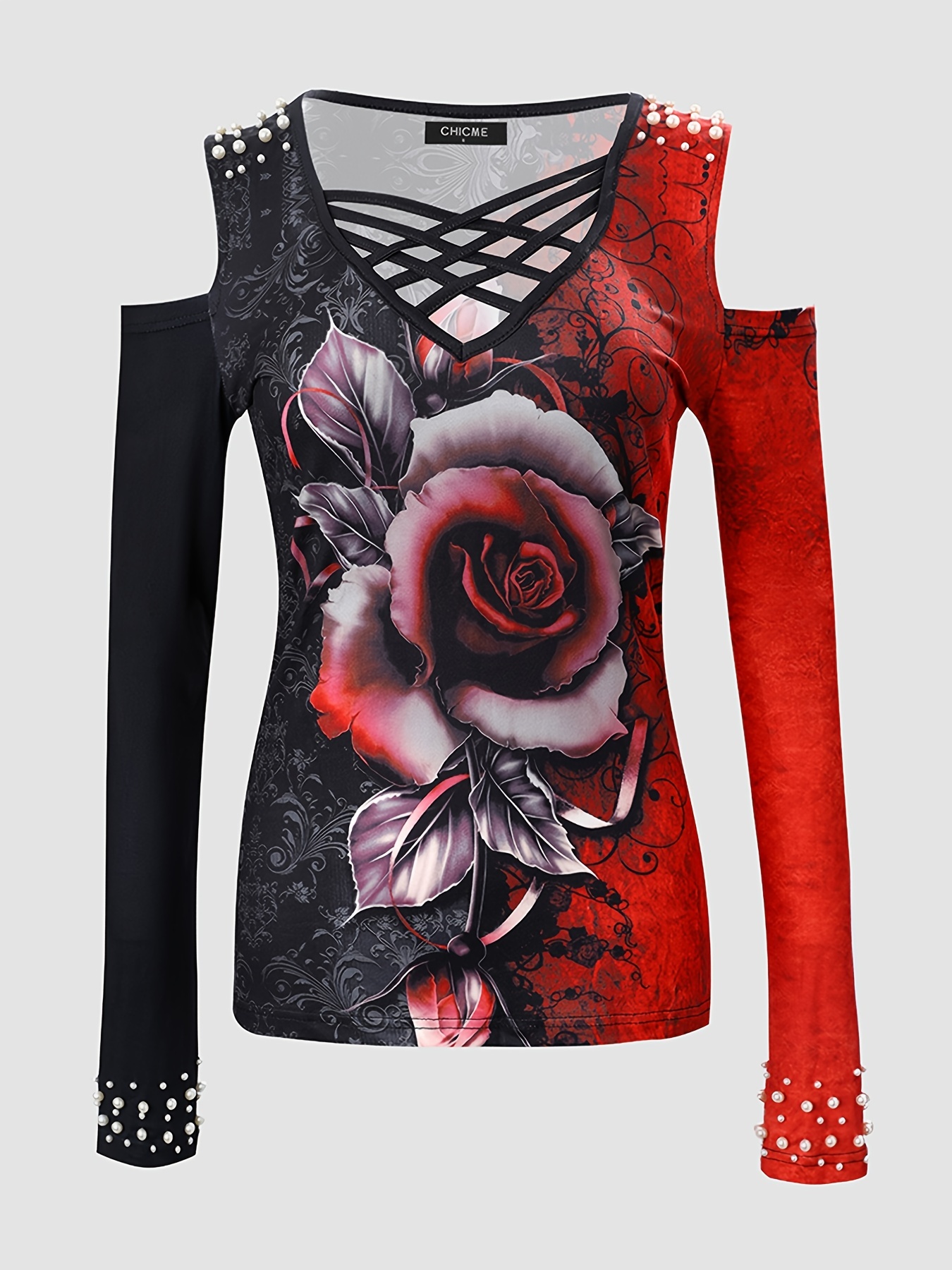 Women's Floral Print Colorblock V-Neck Long Sleeve T-Shirt