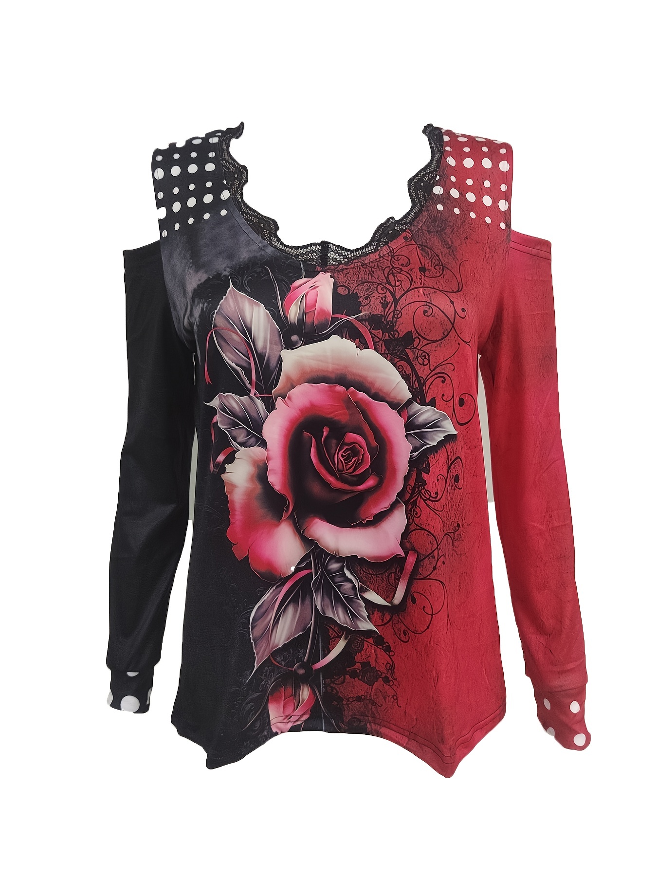 Women's V-neck Rose Flower Elegant Off-shoulder Long Sleeve Top