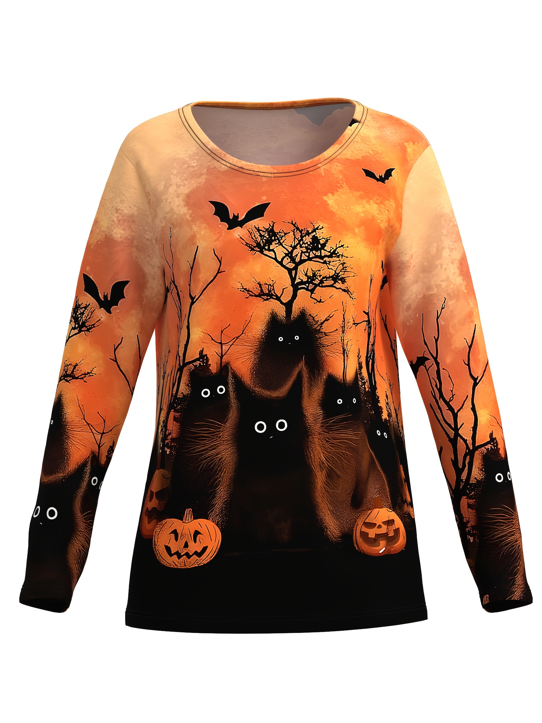 Casual Crew Neck Long Sleeve Pullover with Pumpkin Bats Print