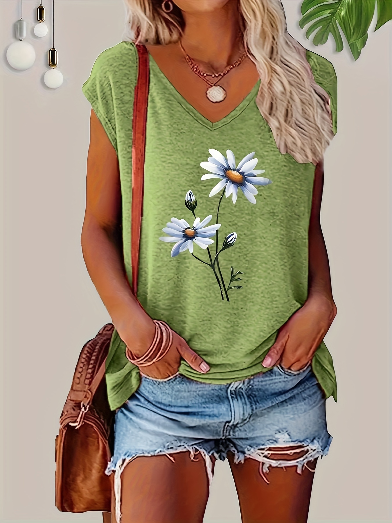 Women's Casual Floral and Geometric Print V Neck Short Sleeve Tee