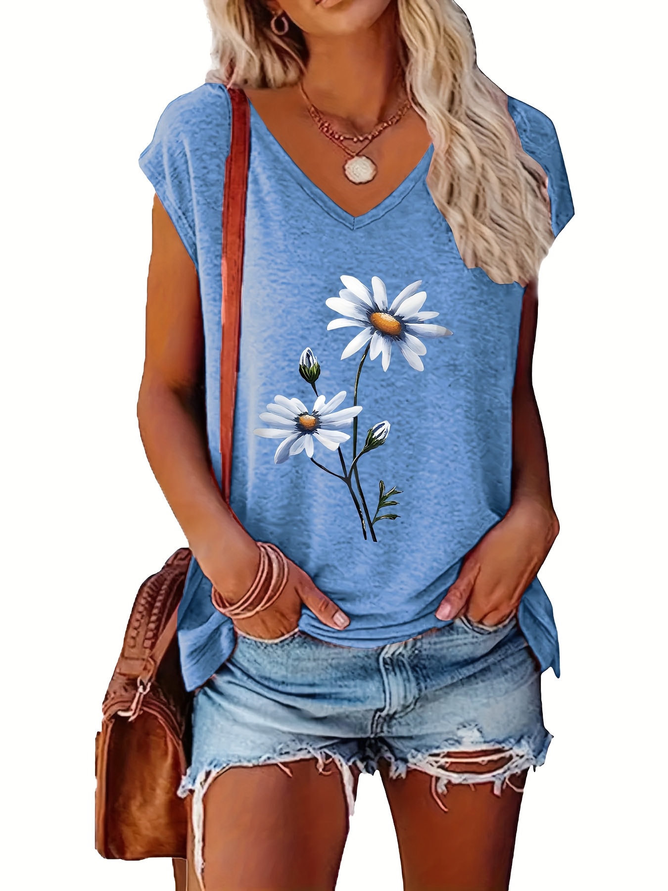 Women's Casual Floral and Geometric Print V Neck Short Sleeve Tee