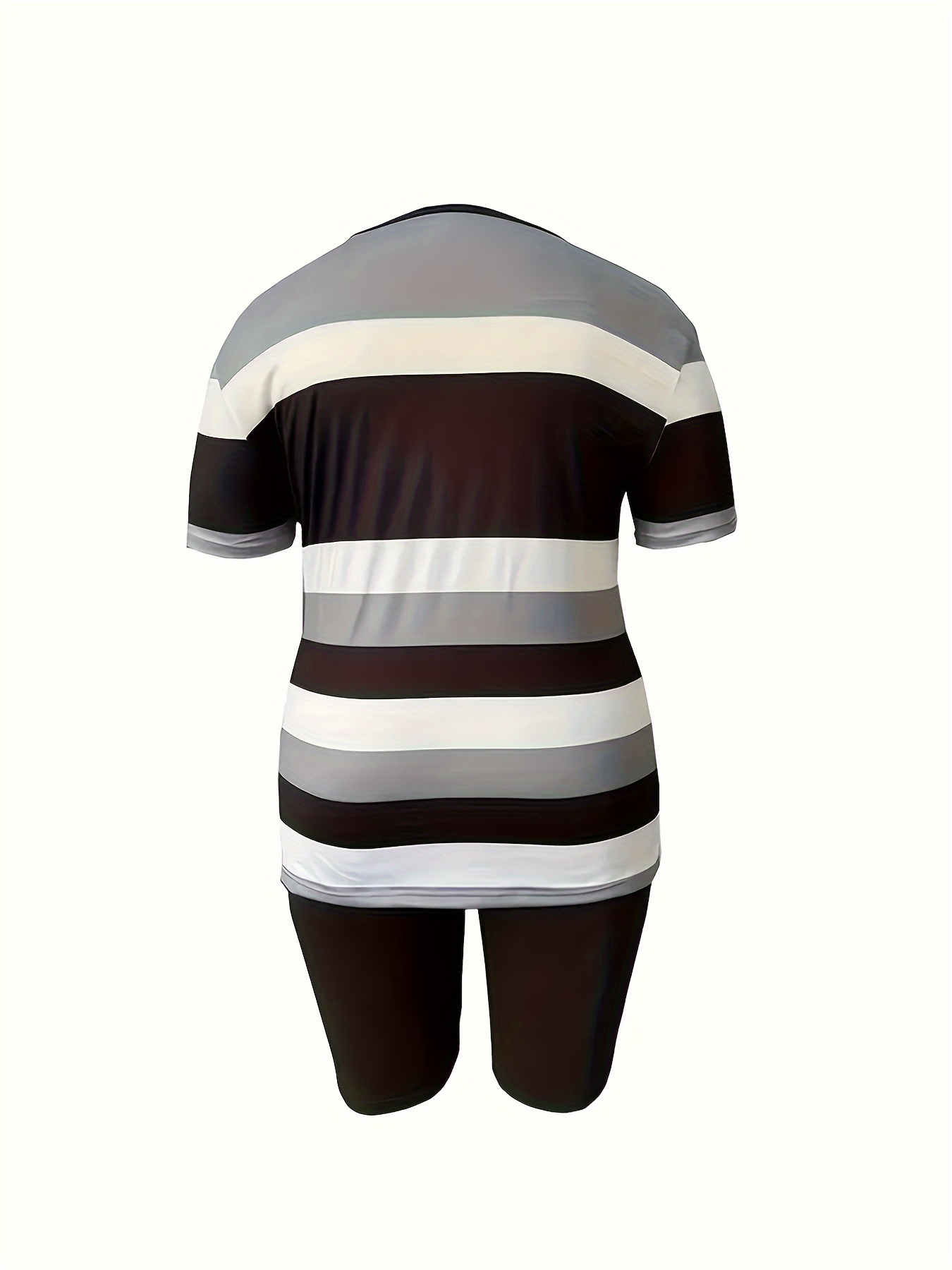 Plus Size Women'S Sports Two Piece Set, Short Sleeve Crew Neck Striped Top And Sports Pocket Shorts Set